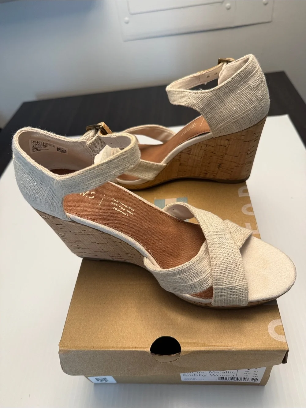 TOMS Sienna Natural Metallic Slubby Woven Cork Wedge Sandals - Picture 7 of 10
